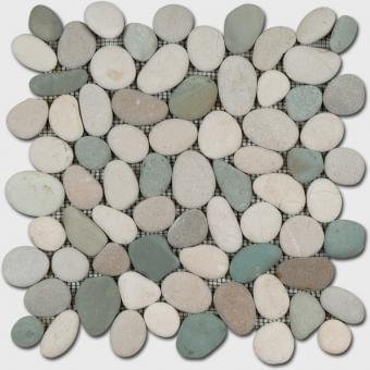 Diffusion Galets De Bali Dalle Rond Mat Vert Jade - Blanc 30x30