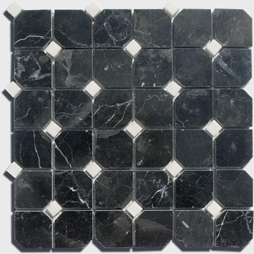 Diffusion Peter And Stone Mosaique Marbre Octogones Noirs And Cabochons Blancs 30x30