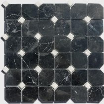 Diffusion Peter And Stone Mosaique Marbre Octogones Noirs And Cabochons Blancs 30x30